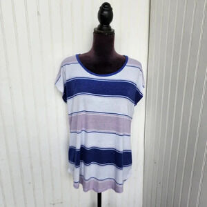 Wild Kiss Womens Striped Tee T-Shirt Top Purple Blue White Sz L
